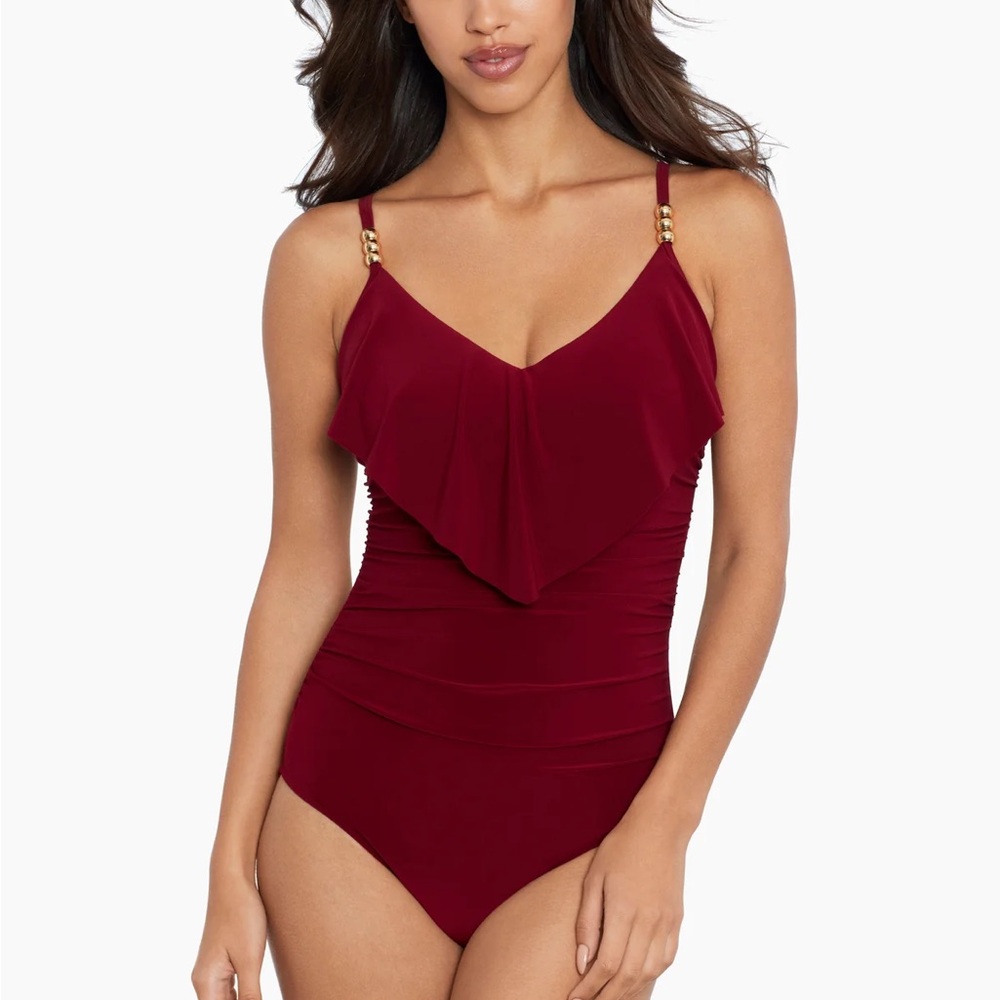 Magicsuit Red One Piece Swimsuit with Ruched Detailing and Gold Beads